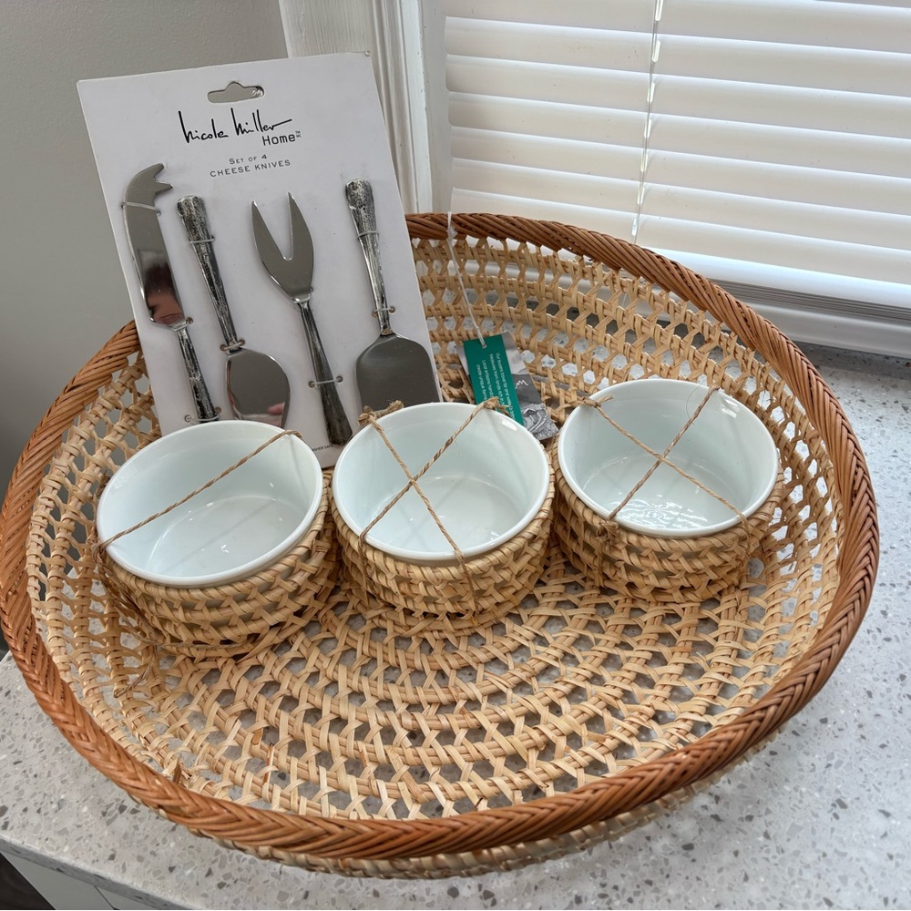 NWT Entertainers Bundle- cheese knives and rattan serving basket w/ 3 bowls